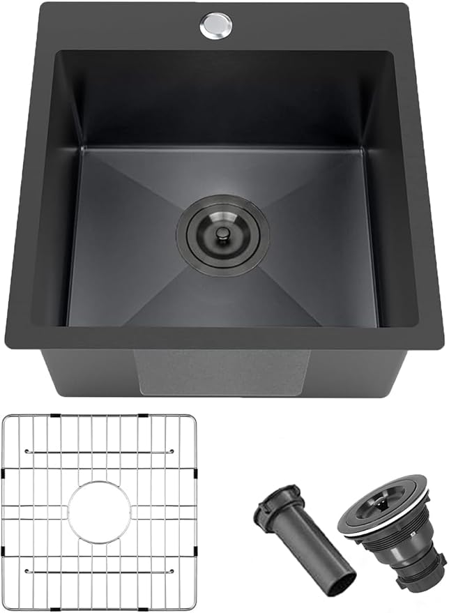 18x18 Inch Black Bar Sink Drop In, Topmount Stainless Steel Kitchen Sink, Square Small Kitchen Sinks, Single Bowl Kitchen Sinks for Laundry Wet Bar Prep RV Office Outdoor Yard