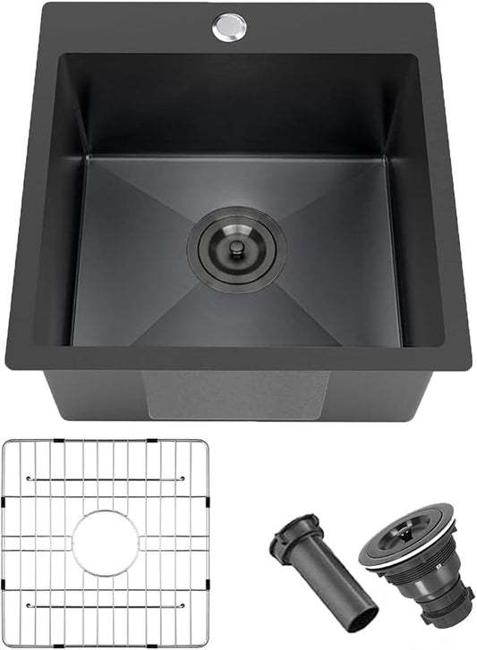 18x18 Inch Black Bar Sink Drop In, Topmount Stainless Steel Kitchen Sink, Square Small Kitchen Sinks, Single Bowl Kitchen Sinks for Laundry Wet Bar Prep RV Office Outdoor Yard