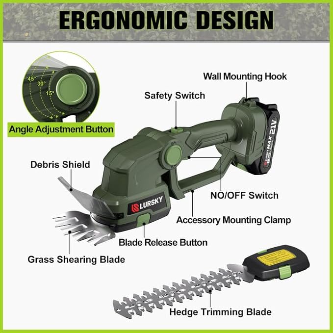 Cordless Hedge Trimmer with Battery - 2-in-1 21V Grass Shears Handheld, Electric Shrub Trimmer Kit for Garden, Yard and Lawn, Charger Included (Forest Green)