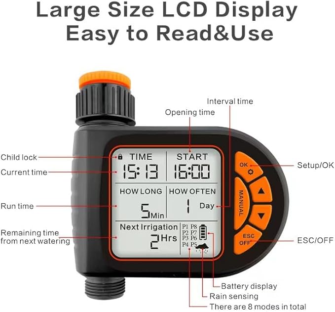 Sprinkler Timer,Water Timer Sprinkler Hose Controller, Programmable Garden Hose with Rain Delay, Manual& Automatic Watering System, Waterproof Digital Irrigation Controller Watering