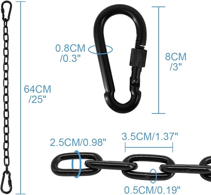 2 Pack 25in Hanging Swing Chain with 4 Carabiners, 440LB Capacity Hanging Kits Heavy Duty Hanging Chair Hardware for Hammock Swing Hanging Chair Punching Bags Sandbag Indoor Outdoor Yoga Gym (Black)