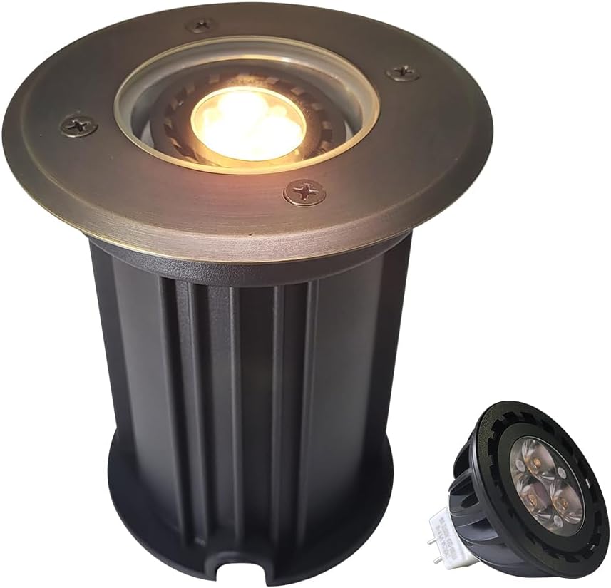 MALORY Brass Open Top Cover Landscape Well Lights, 12V Low Voltage Outdoor In Ground Lights, Landscape Lighting Wired with 5W 2700K MR16 for Pathway, Driveway and Garden (Open Top, 1-Pack with Bulb)