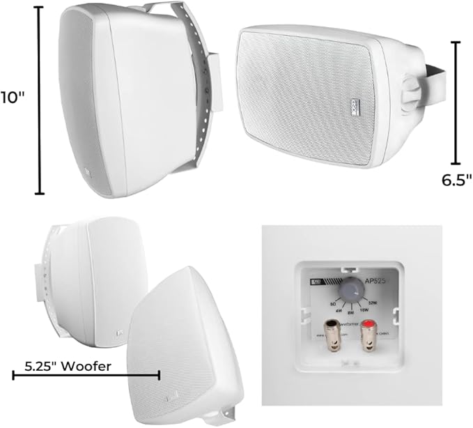 OSD 5.25" Outdoor Patio Speaker Pair 150W, IP54 Weather Resistant, Full Motion Bracket White AP525