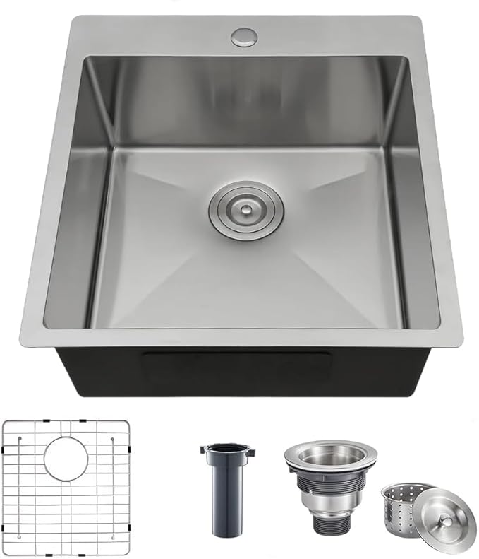 18x18 Inch Bar Sink Drop In Kitchen Sink, Topmount Stainless Steel Square Small Workstation Sinks, Single Bowl Kitchen Sinks for Laundry Wet Bar Prep RV Office Outdoor Yard
