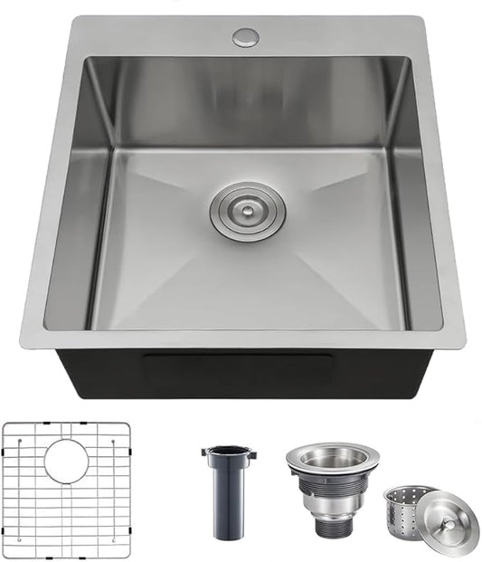 18x18 Inch Bar Sink Drop In Kitchen Sink, Topmount Stainless Steel Square Small Workstation Sinks, Single Bowl Kitchen Sinks for Laundry Wet Bar Prep RV Office Outdoor Yard