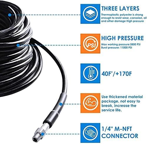 200FT Sewer Jetter Kit for Pressure Washer, 5800PSI Drain Cleaner Hose 1/4 Inch NPT Corner, Rotating and Button Hose Sewer Jetting Nozzle Pearl Corsage Pin Waterproof Tape with 2 Spanner