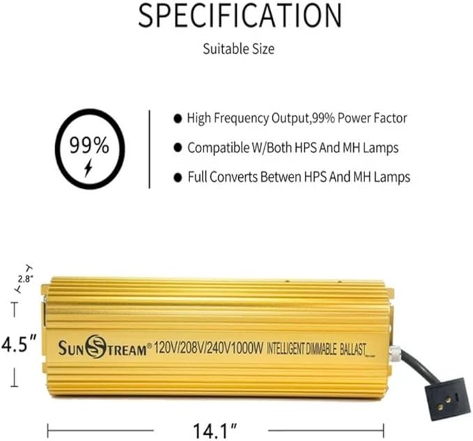 SunStream 1000 Watt HPS Light Dimmable Electronic Grow Light Ballast for Indoor Plant (Full-Yellow)