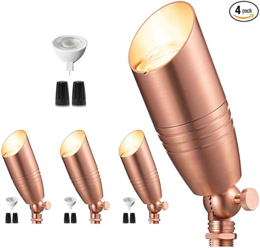 Brass Landscape Lighting - Low Voltage Spotlights Outdoor LED, 12V Wired Uplights, Waterproof Spot Lights, Copper for Outside Trees with 5W 4000K Natural White MR16 Bulb (4 Pack)