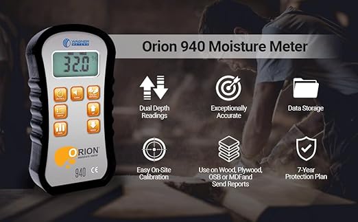 Orion® 940 Pinless Wood Moisture Meter by Wagner Meters I Accurate, Non-Damaging, Dual Depth Lumber Moisture Measurement, Data Collection & Storage, On-site Calibration (Standard Calibrator)