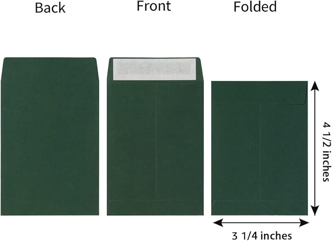 100 Pack Seed Envelopes Self-Adhesive Small Coin Envelopes Seed Storage Packets for Garden, Office or Wedding Gift (Dark Green, 3 1/4 ×4 1/2 inches)
