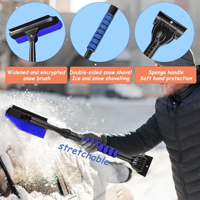 31.5" Car Snow Brush and ice Scraper, Ice scrapers for car Windshield, 3-in-1 Automotive Snow Removal Tool with Ergonomic Foam Handle and 360° Rotating Brush Head for Cars, Trucks and SUVs