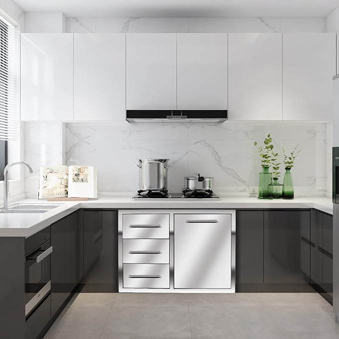 Outdoor Kitchen Drawer Combo, BBQ Access Trash Drawer Combo with Triple Stainless Steel Drawers(Left), Outdoor Kitchen for BBQ Island, Grilling Station, Outside Cabinet (28" W x 19.6“D x 20.1" H)