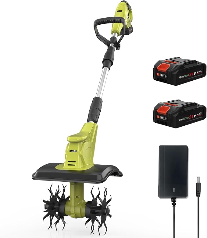 20V Cordless Tiller Cultivator with 48 Steel Tines, 9-inch Wide Battery Powered Garden Cultivator, Mini Tiller for Lawn/Gardening/Soil Cultivation(2*2Ah Battery and Fast Charger Included)