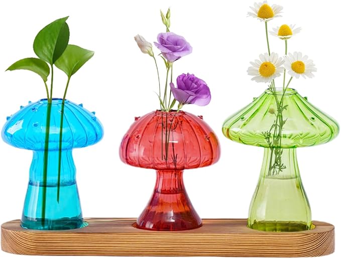 Nacome Mushroom Glass Propagation Station for Plants: Set of 3 Colored Vases Terrarium Kit for Home Office Indoor Hydroponics Decor - Birthday Gifts for Women Mom Grandma