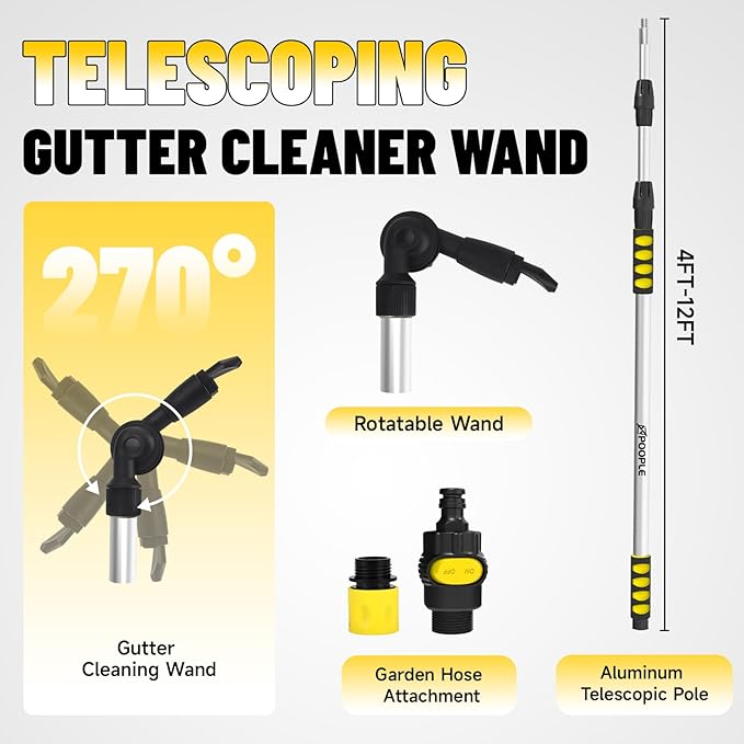 12ft (20ft Reach) Gutter Cleaning Tools from The Ground, Telescoping Rain Gutter Cleaner Tool, 270° Rotatable Gutters Cleaning Wand, Gutters Cleaning Hose Attachment & Connection Adapter