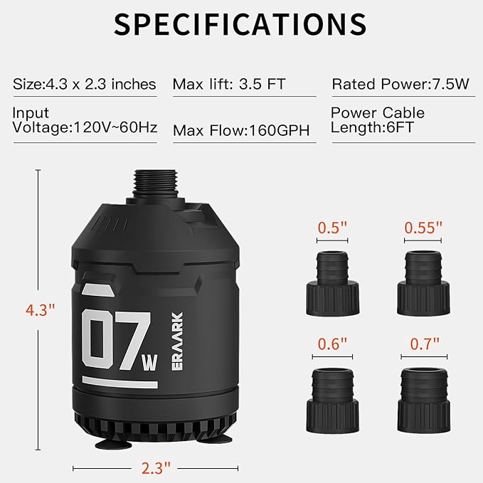 160GPH 7.5W Submersible Water Pump Ultra Quiet Small Fountain Pump for Aquariums, Fish Tank, Pond, Hydroponics