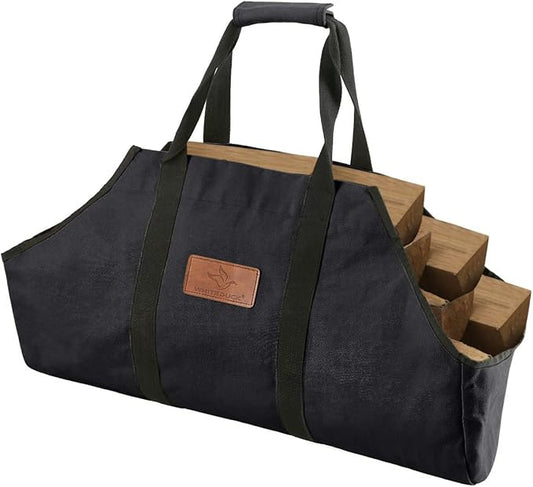 WHITEDUCK TUFF Large Firewood Carrier 21 Oz. Heavy Duty Waxed Canvas Log Carrier Holder for Fireplace, Carrying Wood Indoor & Outdoor (Black, Boat Shape (26"x17"x9"))