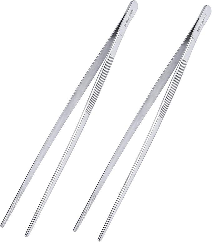 MSY BIGSUNNY Set of 2 Kitchen Tweezers Fine Tweezer Tongs 12 Inch Stainless Steel Food Tweezer, Precision Serrated Tips Food Tongs,Extra-Long Straight Tweezers