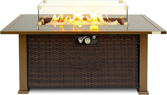 SereneLife Outdoor Propane Gas Fire Pit Table – 50,000 BTU Auto-Ignition Firepit with Glass Wind Guard, Black Tempered Glass Top & Clear Glass Rocks for Garden, Patio, or Backyard