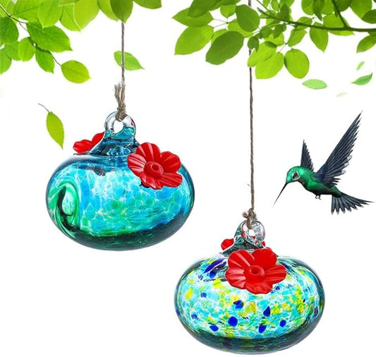 2pcs Small Glass Hummingbird Feeders for Outdoors Humming Bird Feeder with 2 Flower Feeding Ports for Window Garden Patio Decor Blown Glass Hummingbird Feeder for Outside