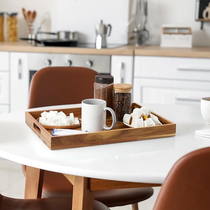 2 Pack Acacia Wood Serving Tray with Handles - 17 Inch Large Wooden Tray for Ottoman, Breakfast in Bed, Dinner, Coffee Table