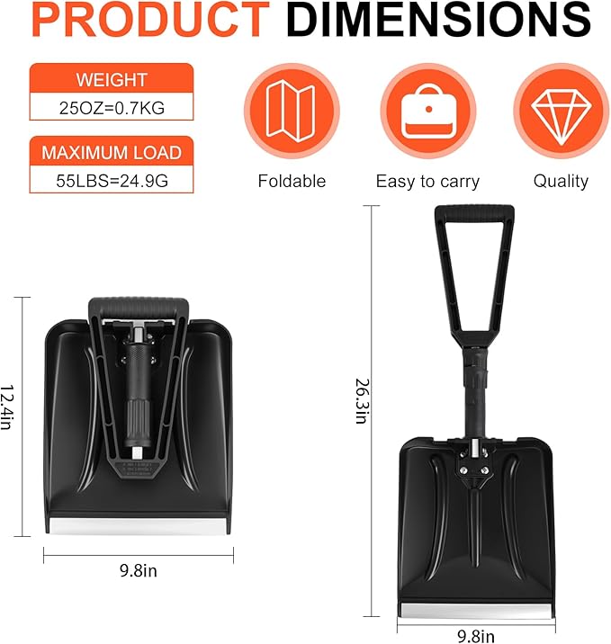 27" Bi-Folding Snow Shovel for Car, Lightweight Snow Shovel with Ergonomic Handle and Aluminum Edge, Portable and Multifunctional for Cars, Snowmobiles, Camping and Mud, Black