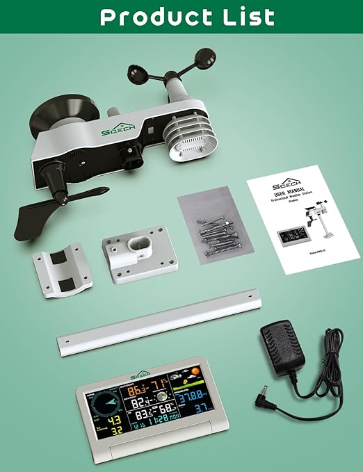 SQECH Weather Station,Weather Stations Wireless Indoor Outdoor with 7-in-1 Outdoor Sensor,Home Weather Station with Weather Forecast,Temp&Humidity,Rain Gauge,Wind,Moon Phase,Calendar,Alarm Clock