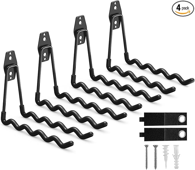 Garage Hooks, 4 Pack Wave Hooks for Hanging Heavy Duty Ladders, Bikes, Tools Ideal for Garage, Garden, Basement Utility Room Storage (Black)
