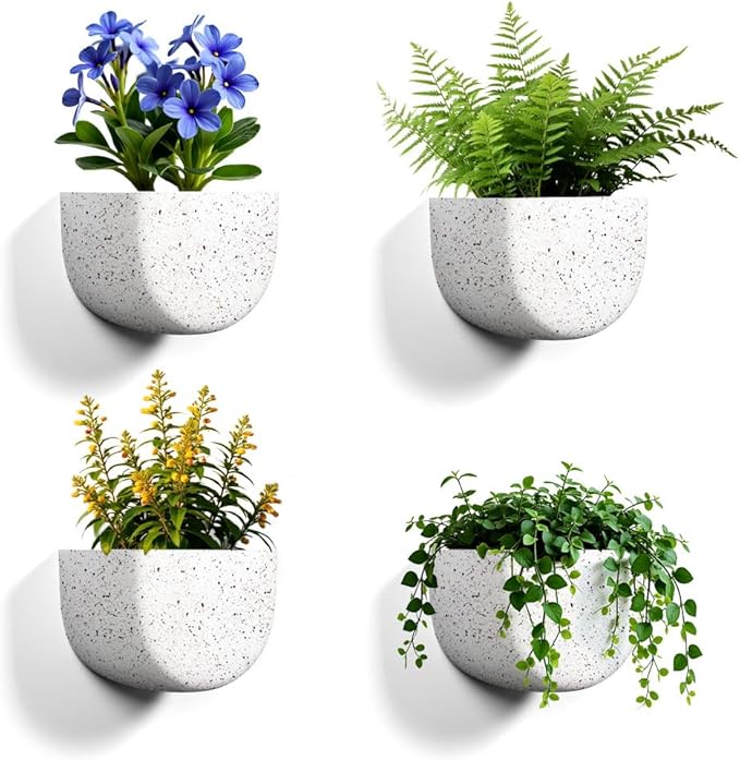 2 Pack Wall Hanging Planter Pots for Indoor and Outdoor Plants, 7 Inch Half-Moon-Shaped Plastic Wall Planter, Wall Mounted Succulent Planters (Speckled White)