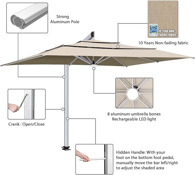EliteShade USA Atlas 3-Tier 10x13FT Full Aluminum Cantilever Patio Umbrella for Outdoor restaurant Garden Courtyard Deck Pool and Marketing with Light(No battery),Antique Beige