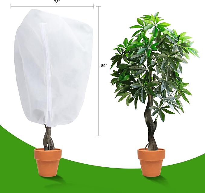 2-Pack Plant Covers Freeze Protection 78" x 89" 2.2 oz, Large Size Bag Frost Cloth Plants Jacket Drawstring and Zipper Tree Cover for Outdoor Plants, Shrub Potted Plants Winter