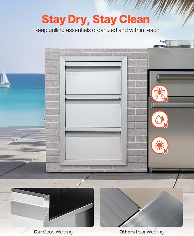 VEVOR Outdoor Kitchen Drawers 14.7" W x 25.4" H x 18.7" D, Box Frame Style Flush Mount BBQ Drawers with Stainless Steel Handle, BBQ Island Drawers for Outdoor Kitchens or Patio Grill Station