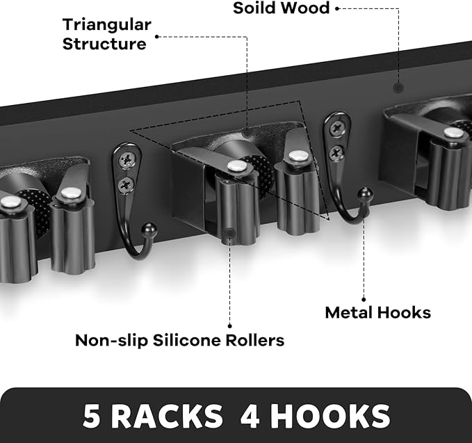 IMILLET Broom Holder Wall Mount, Wood Broom Holder with 5 Racks and 4 Hooks Broom Organizer, Laundry Room Organization and Storage, Mop Hanger for Home Organization, Garden, Garage, Closet (Black)