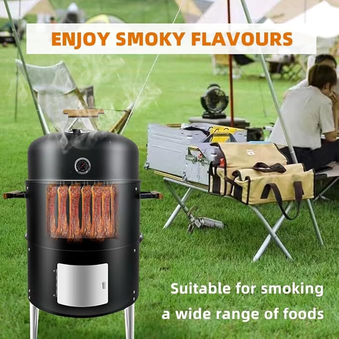 17-1/2" BBQ Smoker Grill & Grill Cover Smoker with Rack 4 Hooks Wooden Handles BBQ Smoker Single Door Design Outdoor Cooking Large Capacity Charcoal Smoker for Parties Gathering Camping