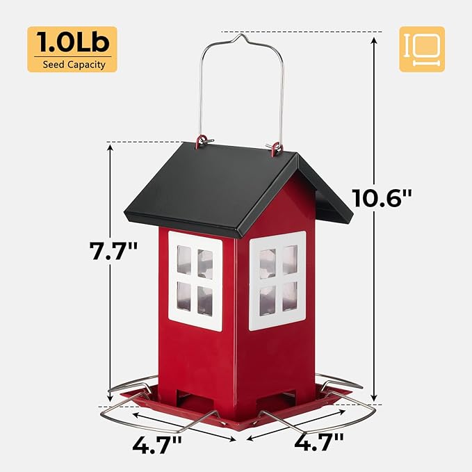 Veehoo Bird House Feeders for Outdoors Hanging-Metal Wild Bird House Feeders with 4 Ports, Country House Design, Garden Yard Decor Weatherproof Hanging Bird Feeder for Outside, Red