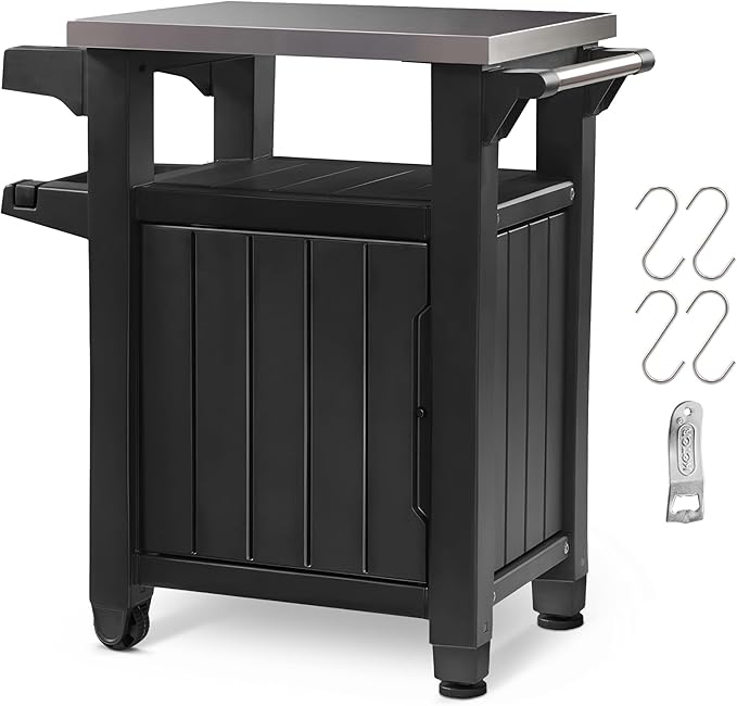 Keter Unity Small 40 Gallon Grill Prep Table and Storage Cart, Grey – BBQ Station with Wheels and Stainless Steel Top, Portable Serving Stand for Patio, Deck, and Backyard
