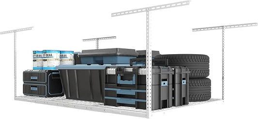 FLEXIMOUNTS 4x6 Overhead Garage Storage Adjustable Ceiling Rack 72" Length x 48" Width x 40" Height, 450lbs Weight Capacity, White