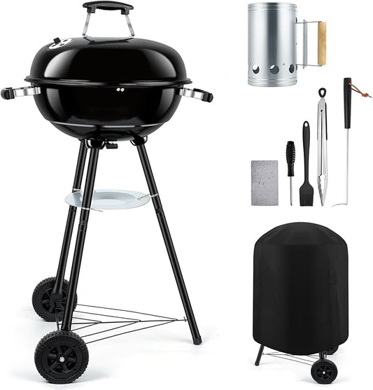 18 inch Kettle Charcoal Grills, Leonyo Portable BBQ Charcoal Grill for Outdoor with Cover & Chimney Starter, Griddle Accessories for Camping, Patio, Backyard Cooking - 254 Sq.in