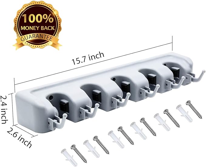 LETMY Broom Holder Wall Mounted - Mop and Broom Hanger Holder - Garage Storage Rack & Garden Tool Organizer - 5 Position 6 Hooks for Home, kitchen, Garden, Tools, Garage