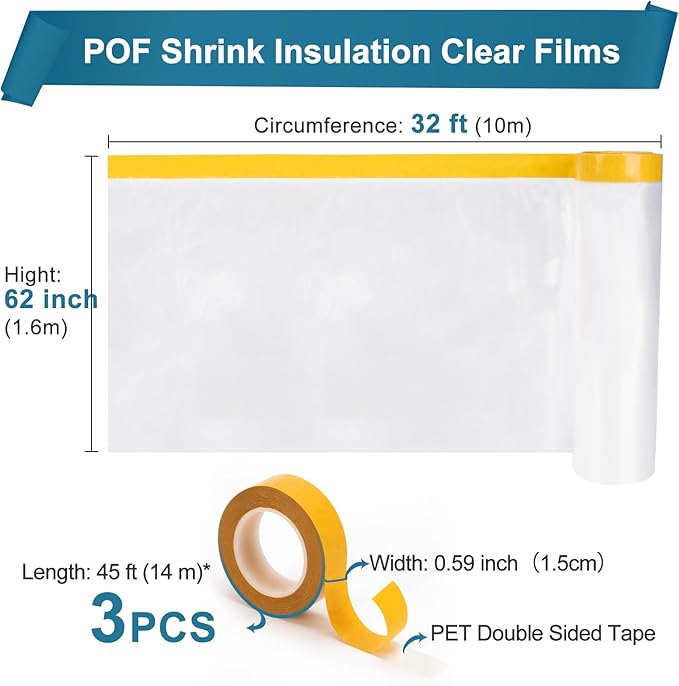 2 Pack Window Insulation Kit, Plastic Window Covering 62 Inch Wide × 393 Inch Length with Double-Sided Tape, Insulator Seal Kit for 20-3'x5' Windows Winterizing for Winter, 2 Roll Clear