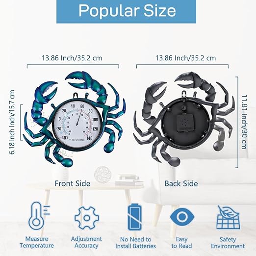 14" Crab Shape Outdoor Thermometer, Indoor Thermometer No Need Battery, Metal Wall Thermometer Easy to Read for Patio Garden Living Room Decor