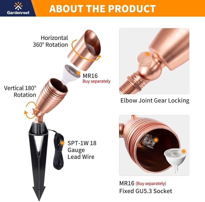 Spot Light Brass - Outdoor Landscape Spotlights LED, 12V Low Voltage Landscaping Uplights Bright, Hard-Wired All Weather Copper for Backyard Lawn with No Bulbs (8 Pack)