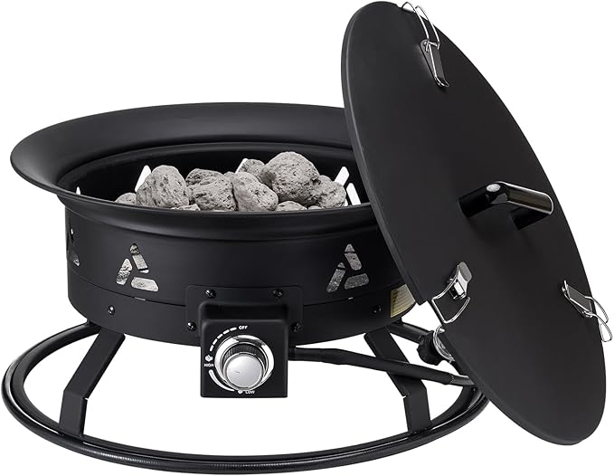 VEVOR Propane Fire Pit, 24-Inch Diameter Outdoor Portable Gas Fire Pit with Cover & Lava Rocks, Adjustable Flame Height Camping Firepit for Heating, Lighting, Gathering, 58,000 BTU, Black