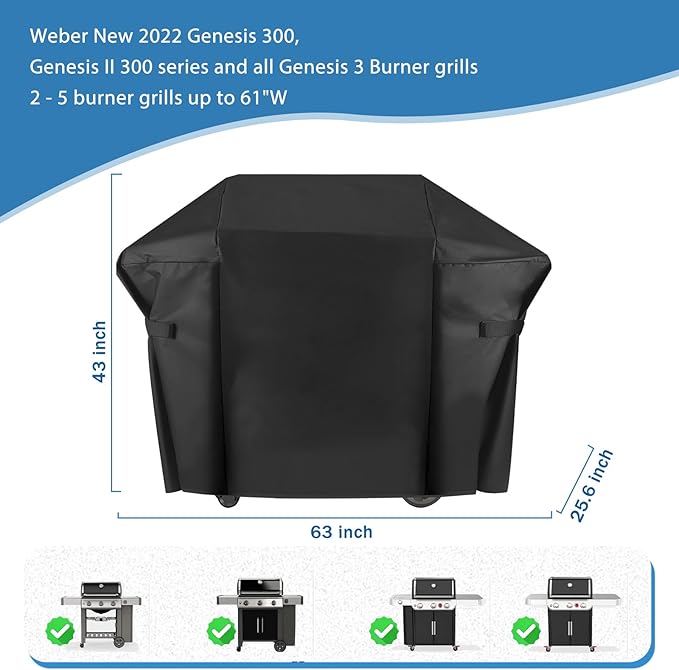 Grill Cover for Weber Genesis 300 Series and New 2022 Genesis 300 Grills, 63 Inch Heavy Duty 600D Outdoor BBQ Grill Cover, Waterpoorf Weber 7757 Fade Resistant Barbecue Cover
