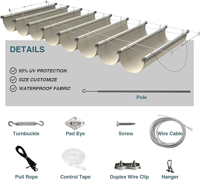 ECOOPTS 4'x18' Retractable Waterproof Wave Sun Shade Canopy Pergola Cover Shade Sail Awning for Outdoor Patio Porch Garden Deck Backyard (Beige)