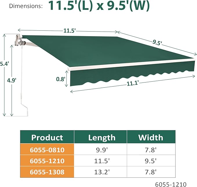 MCombo 11.5x9.5 Feet Manual Retractable Patio Door Window Awning Sunshade Shelter Outdoor Canopy, 1210 (Green, 11.5'(L) x 9.5'(W))