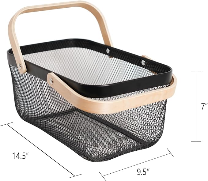 Metal Mesh Steel Harvest Basket, Rectangle Wire Garden Basket with Handle – Multi-Functional Storage Organizer for Gathering Vegetables, Fruits, Kitchen, Garden, Picnic & Cabinet (Ebony)