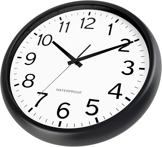 Caysie 16 Inch Sealed Large Outdoor Clock Waterproof, Silent Battery Operated Weatherproof Wall Clocks for Pool Patio Outside Home (Black)