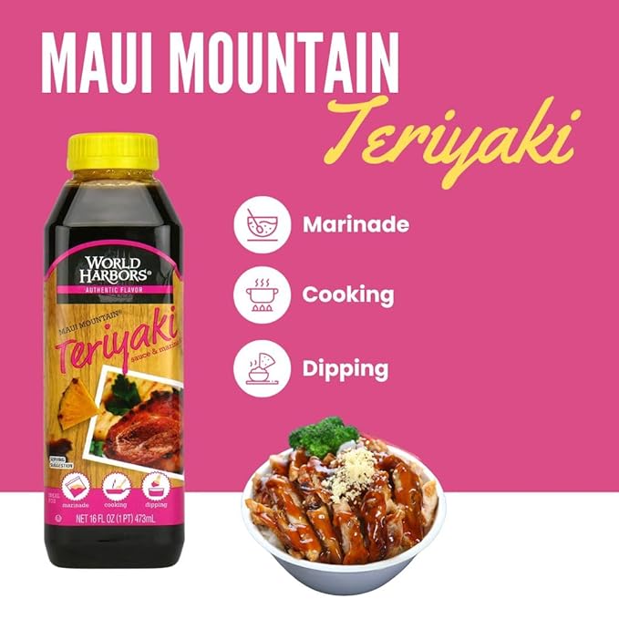 World Harbors Maui Mountain Teriyaki Sauce & Marinade Perfect for Fish, Chicken, Beef, Pork, Wings, Dumplings, Shrimp, Steak, Stir-Fries, Rice & Vegetables Made in USA 16-Fl Oz Bottle, (Pack of 2)