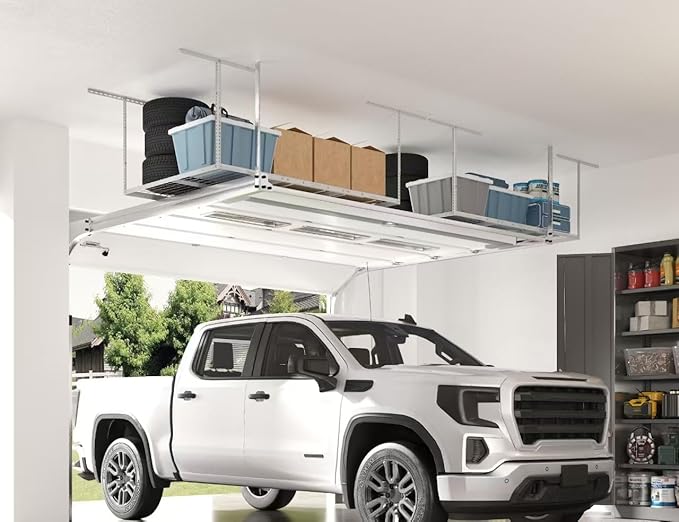 FLEXIMOUNTS 4x6 Overhead Garage Storage Adjustable Ceiling Rack 72" Length x 48" Width x 40" Height, 450lbs Weight Capacity, White